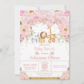Whimsical Pink Floral Jungle Animals Baby Shower 招待状 (正面)