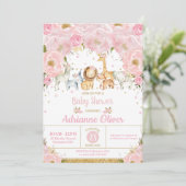 Whimsical Pink Floral Jungle Animals Baby Shower 招待状 (スタンド正面)