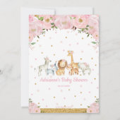 Whimsical Pink Floral Jungle Animals Baby Shower 招待状 (裏面)