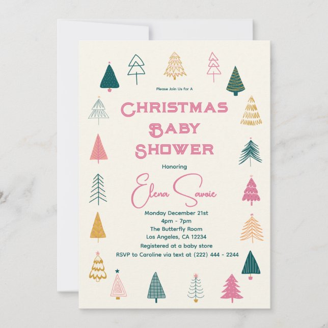 Whimsical Pink & Green Christmas Tree Baby Shower (正面)