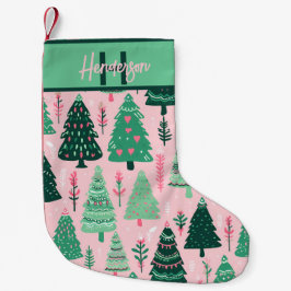 Whimsical Pink & Green Christmas Tree Pattern Name スモールクリスマスストッキング