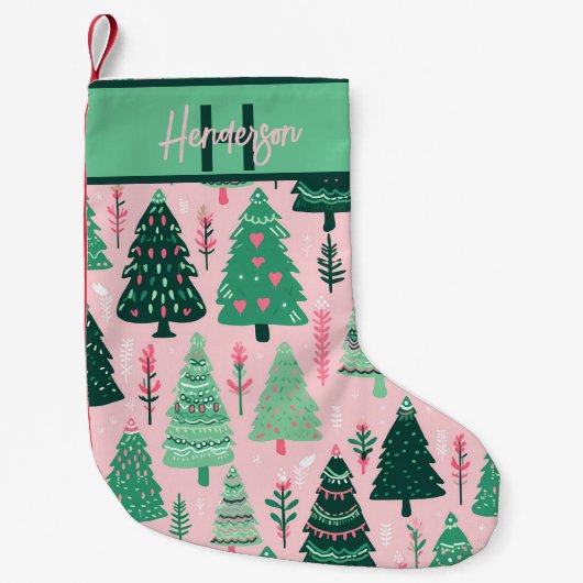 Whimsical Pink & Green Christmas Tree Pattern Name スモールクリスマスストッキング (正面)