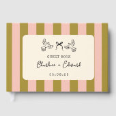 Whimsical Pink Green Striped Scribble Wedding ゲストブック (正面)