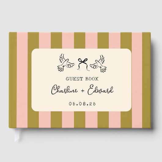 Whimsical Pink Green Striped Scribble Wedding ゲストブック (正面)