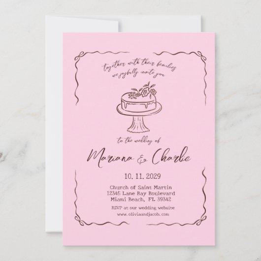 Whimsical Pink Hand Drawn Illustration Wedding  招待状 (正面)