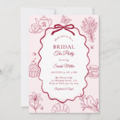 Whimsical Pink Hand Drawn Tea Party Bridal Shower 招待状 (正面)