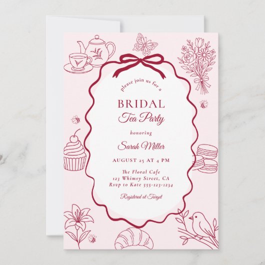 Whimsical Pink Hand Drawn Tea Party Bridal Shower 招待状 (正面)