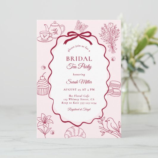 Whimsical Pink Hand Drawn Tea Party Bridal Shower 招待状 (スタンド正面)
