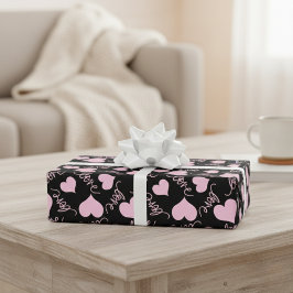 Whimsical Pink Heart Doodles Love Script ラッピングペーパー