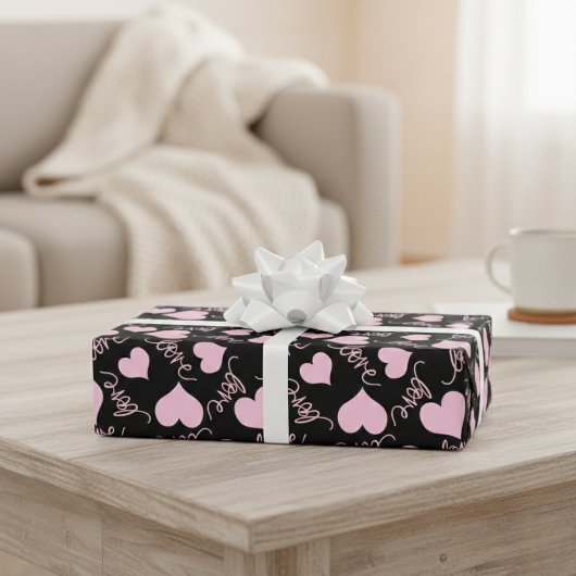 Whimsical Pink Heart Doodles Love Script ラッピングペーパー