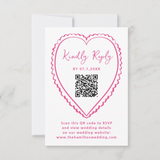 Whimsical Pink Heart QR Code Wedding 出欠カード (正面)