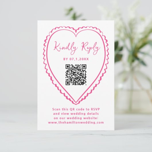 Whimsical Pink Heart QR Code Wedding 出欠カード (スタンド正面)