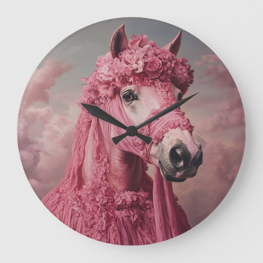 Whimsical Pink Horse Wall Clock - Elegant Fantasy  ラージ壁時計 (正面)