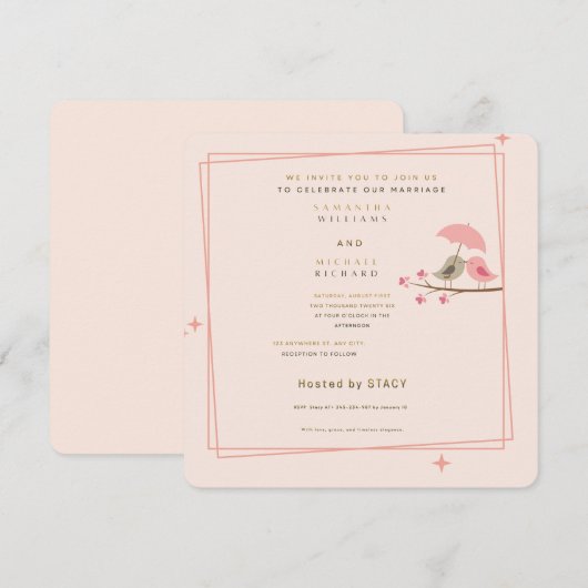 Whimsical Pink Lovebirds Wedding Invitation 招待状 (正面/裏面)