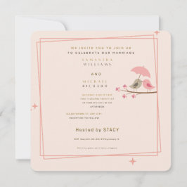 Whimsical Pink Lovebirds Wedding Invitation 招待状
