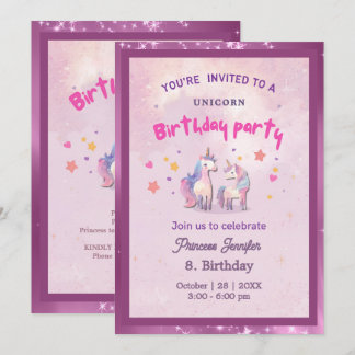 Whimsical Pink Magical Unicorn Birthday Party 招待状