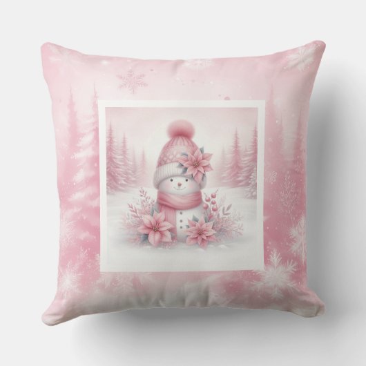 Whimsical Pink Pillow Snowman Pinkmas Forest クッション (裏面)