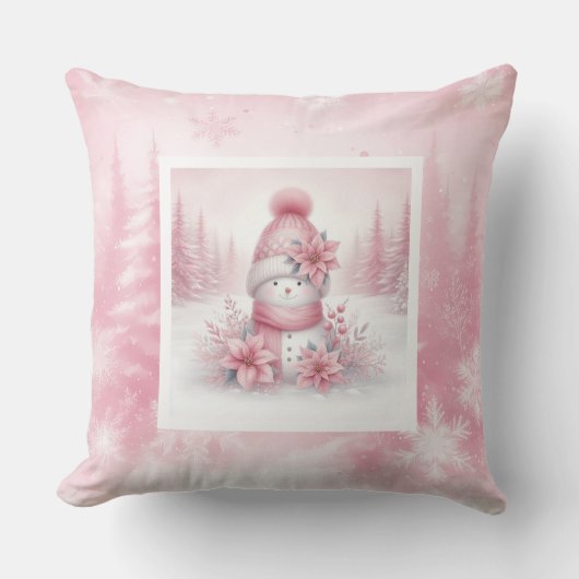 Whimsical Pink Pillow Snowman Pinkmas Forest クッション (正面)