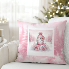 Whimsical Pink Pillow Snowman Pinkmas Forest クッション