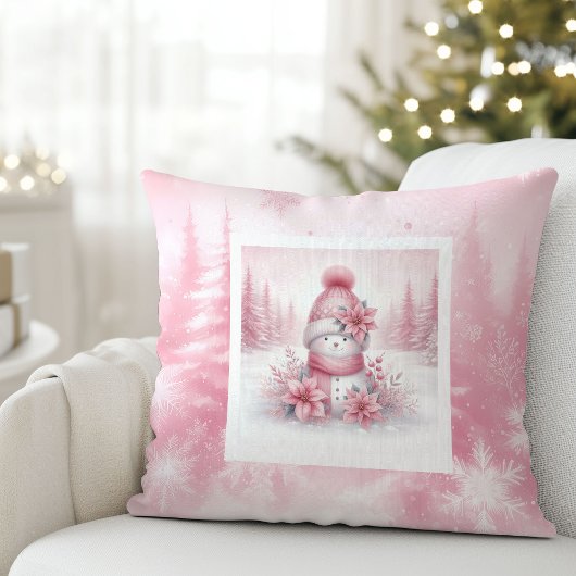 Whimsical Pink Pillow Snowman Pinkmas Forest クッション