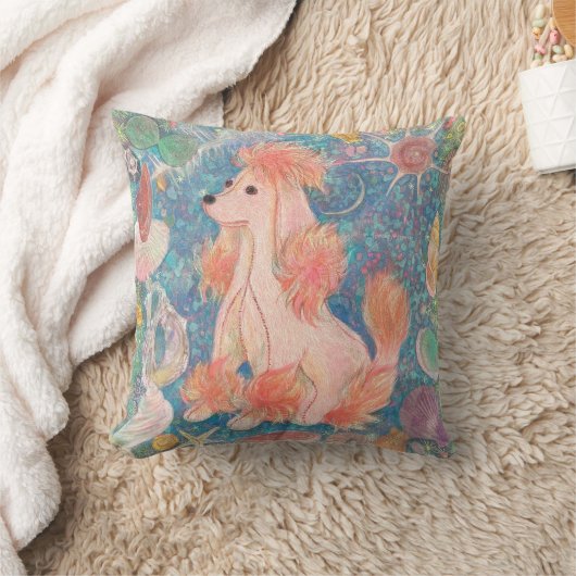 Whimsical Pink Poodle & Ocean Shells Cushion  クッション (ブランケット)