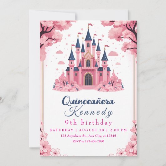 Whimsical Pink Princess Castle Birthday 招待状 (正面)