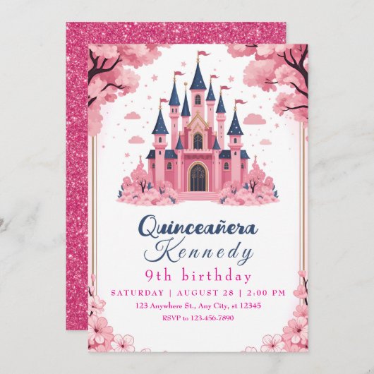 Whimsical Pink Princess Castle Birthday 招待状 (正面/裏面)