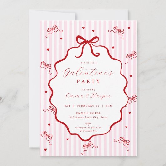 Whimsical Pink Red Bow Heart Galentine's Party 招待状 (正面)