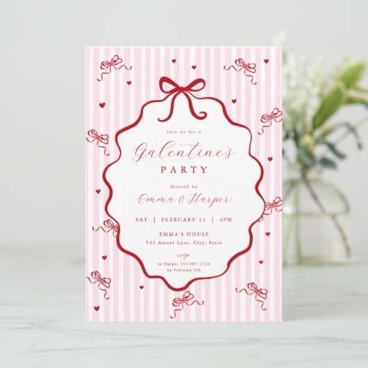 Whimsical Pink Red Bow Heart Galentine's Party 招待状 (スタンド正面)
