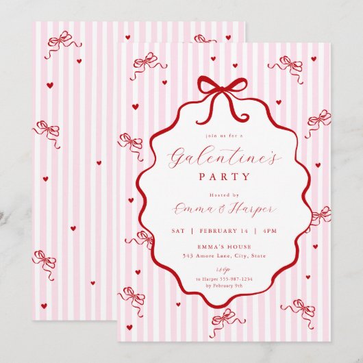 Whimsical Pink Red Bow Heart Galentine's Party 招待状 (正面/裏面)