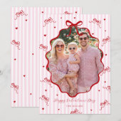 Whimsical Pink Red Bow Heart Happy Valentine's Day シーズンカード (正面/裏面)