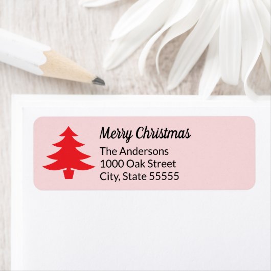 Whimsical Pink Red Christmas Tree Return Address ラベル (インサイチュ)
