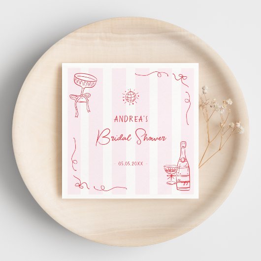 Whimsical Pink & Red Hand Drawn Bridal Shower スタンダードカクテルナプキン