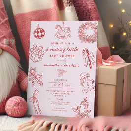 Whimsical pink red Merry little girl baby shower 招待状