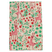 Whimsical Pink Reindeer and Winter Foliage Pattern ミディアムペーパーバッグ (裏面)