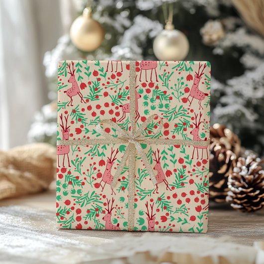 Whimsical Pink Reindeer and Winter Foliage Pattern ラッピングペーパー