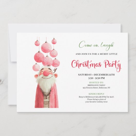 Whimsical pink santa Christmas party invitation  招待状 (正面)