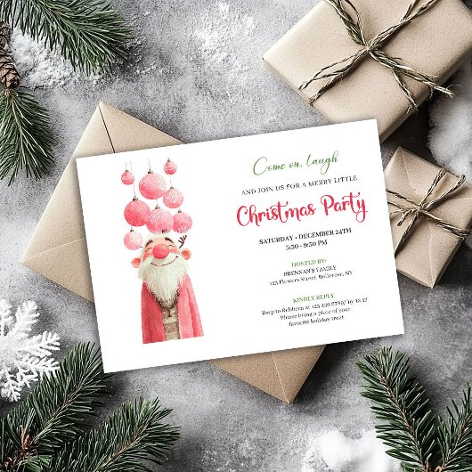 Whimsical pink santa Christmas party invitation 招待状