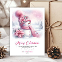 Whimsical pink snowman Christmas kids card digital
