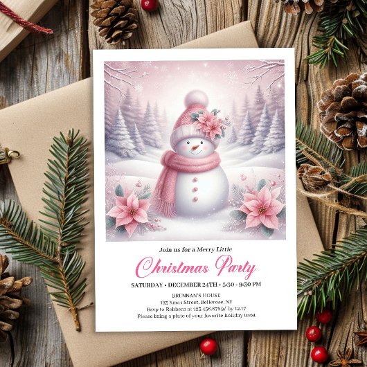 Whimsical Pink Snowman Editable Christmas Kids  招待状