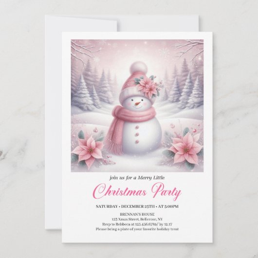 Whimsical Pink Snowman Editable Christmas Kids  招待状 (正面)