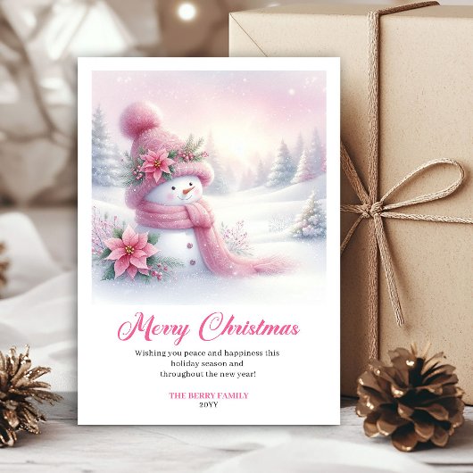 Whimsical Pink Snowman Editable Festive Scene Card シーズンカード