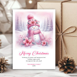 Whimsical Pink Snowman Kids Editable Christmas  シーズンカード