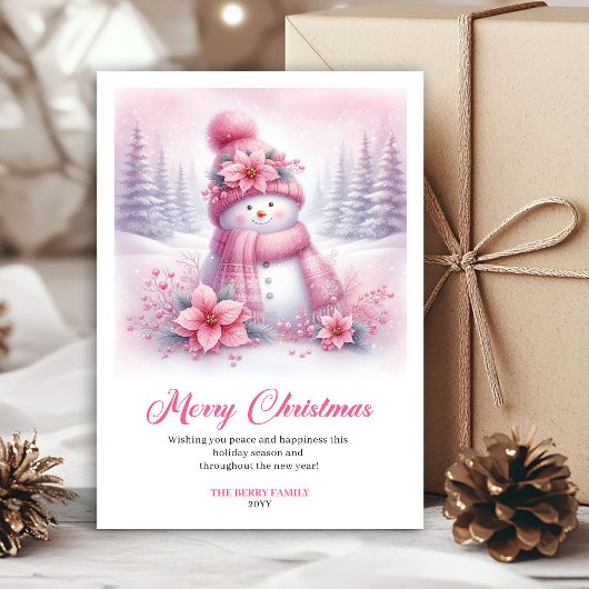 Whimsical Pink Snowman Kids Editable Christmas  シーズンカード