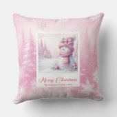 Whimsical Pink Snowman Winter Scene Pillow Gift クッション (裏面)