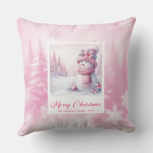 Whimsical Pink Snowman Winter Scene Pillow Gift クッション (裏面)