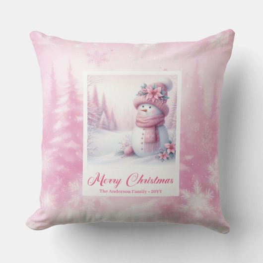Whimsical Pink Snowman Winter Scene Pillow Gift クッション (正面)
