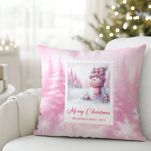 Whimsical Pink Snowman Winter Scene Pillow Gift クッション