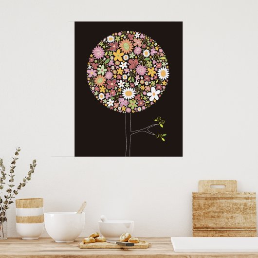 Whimsical Pink Spring Flowers Pop Tree Nursery Art ポスター (キッチン)