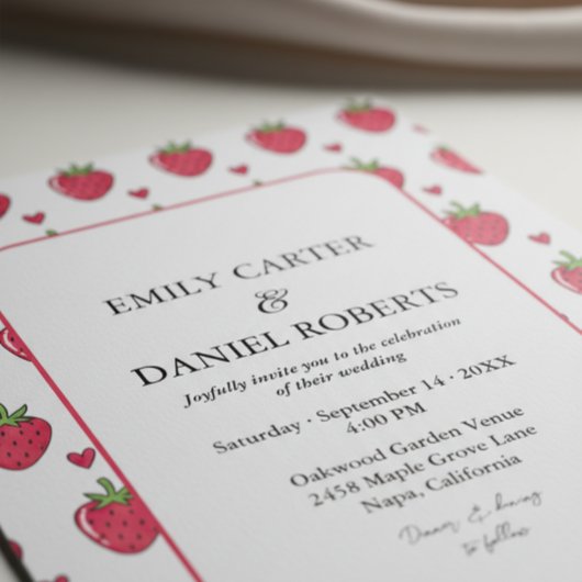 Whimsical Pink Strawberry Wedding Invitation 招待状